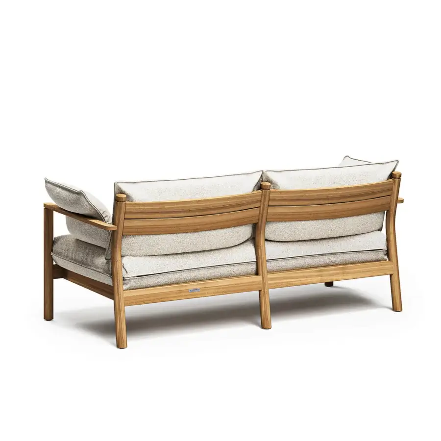 Distinguished Atmosphera Panama sofa with substantial solid teak frame and inviting light beige subtly textured cushions in satin finish