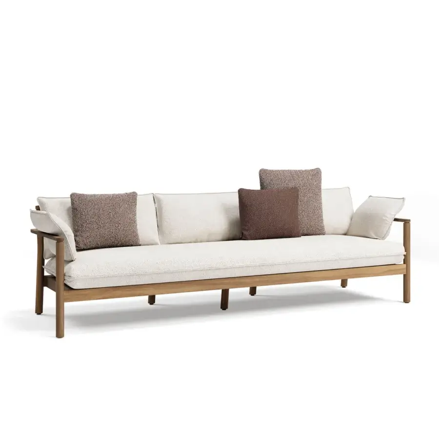 Exceptional Atmosphera Panama sofa with substantial solid teak frame and inviting high-performance neutral beige upholstery with grooved finish