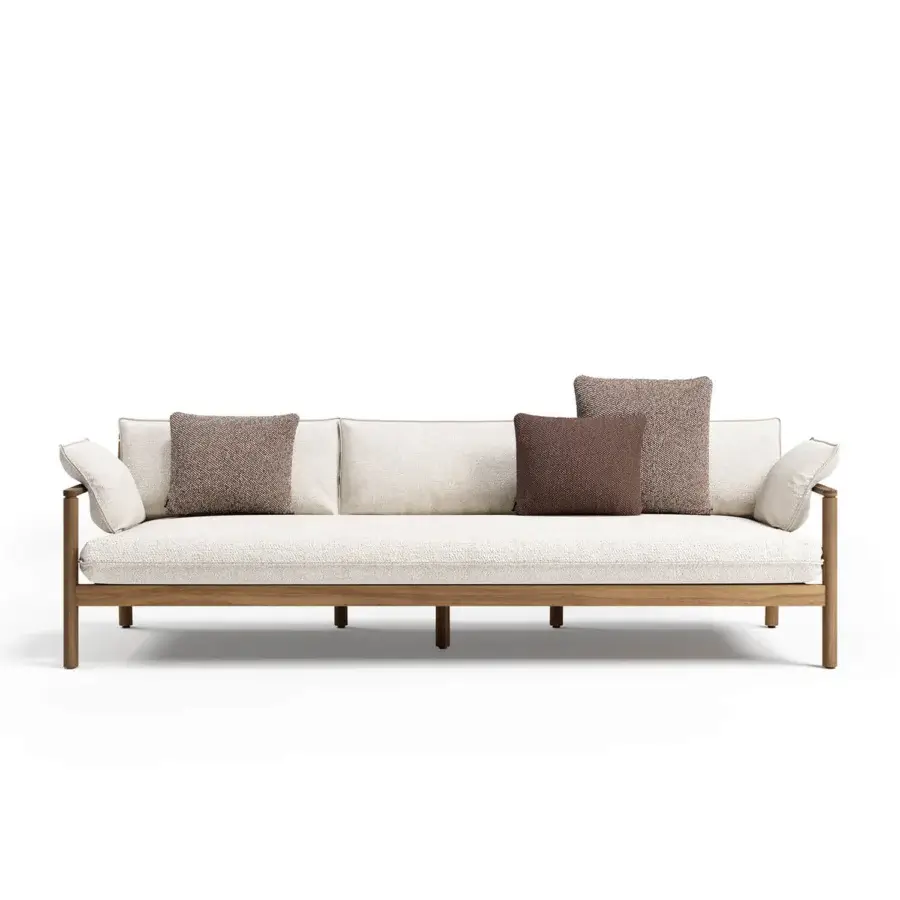 Lavish Atmosphera Panama sofa with solid teak structure and inviting off-white textured upholstery with brown pillows