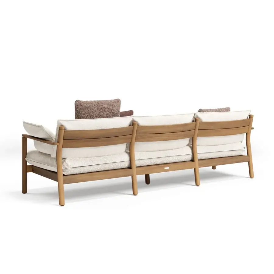 Superior Atmosphera Panama sofa with substantial solid teak structure and inviting light beige textured upholstery