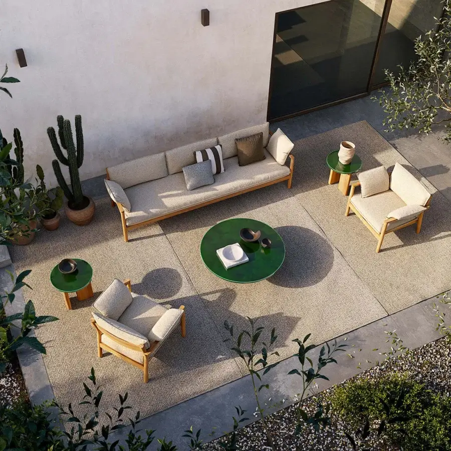 Exceptional Atmosphera Panama sofa with substantial solid teak frame and inviting high-performance neutral beige upholstery