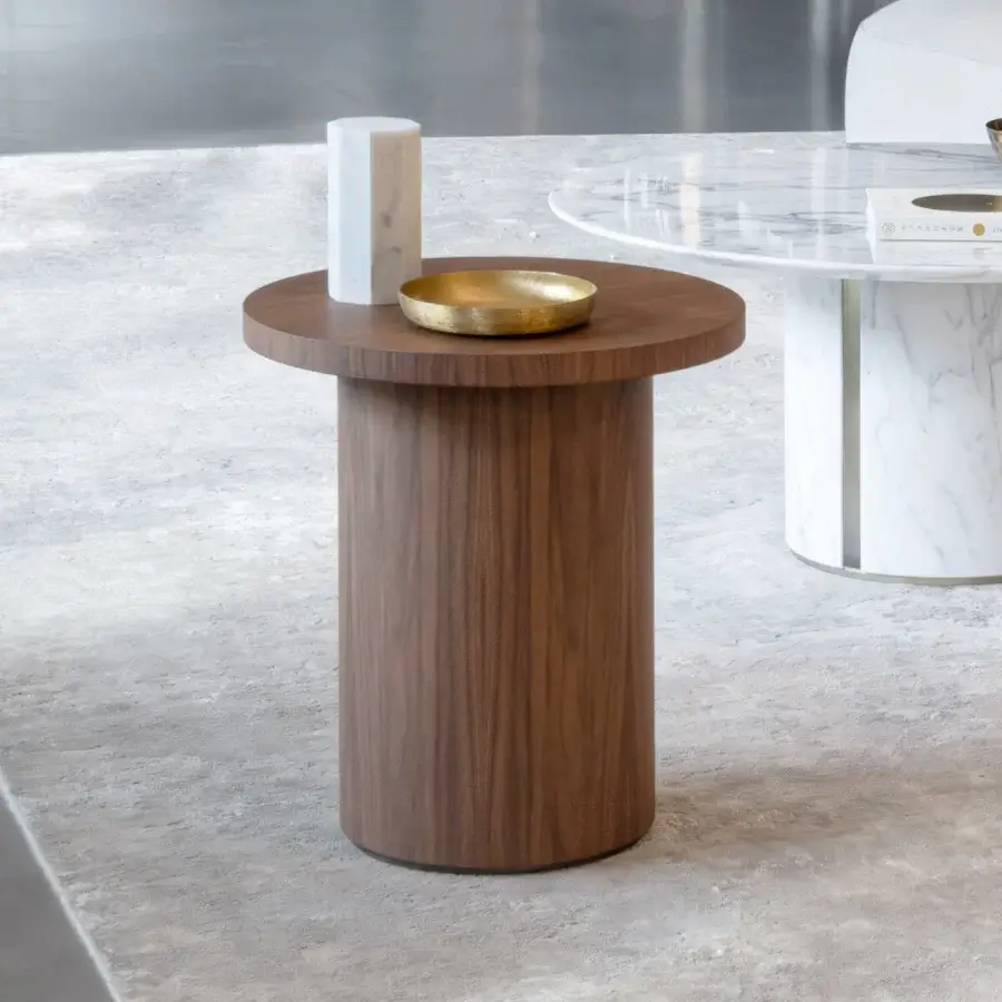 Distinguished Capital Icaro side table crafted in wood with a satin finish and subtle gold-toned bowl