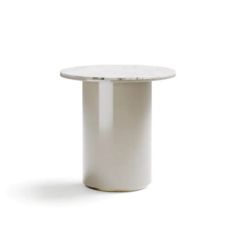 Distinguished Capital Icaro side table with light veined marble and a neutral beige matte lacquer base