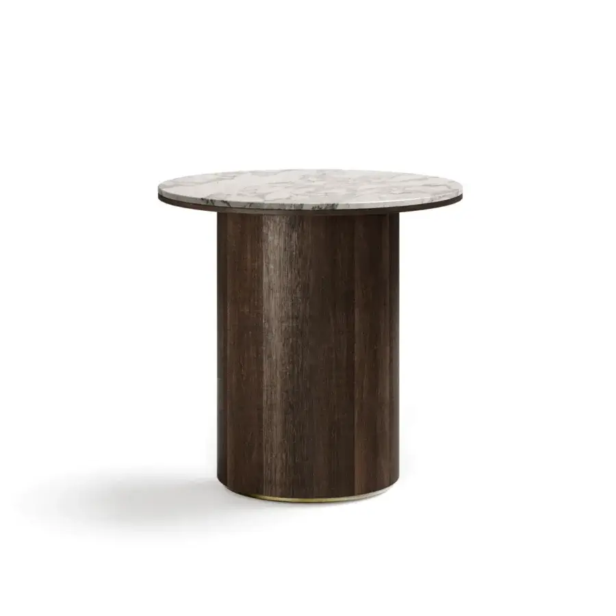 Superior Capital Icaro side table crafted with white marble and dark brown wood, accented by a metallic band