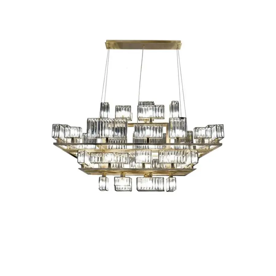 Distinguished Patrizia Garganti Tur chandelier crafted in transparent crystal lozenges with a glossy gold-toned metallic structure