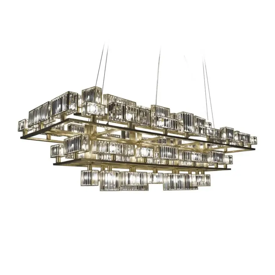 Superior Patrizia Garganti Tur chandelier crafted in polished golden metallic structure with transparent crystal lozenges and clear glass