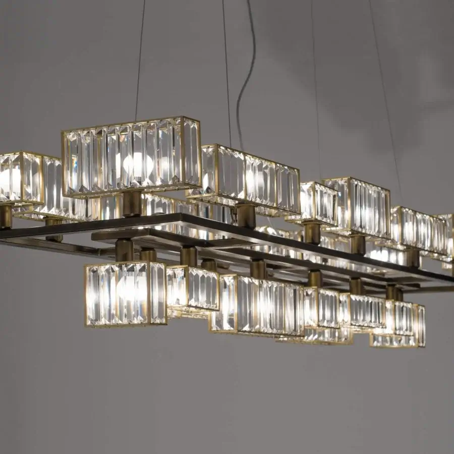 Exceptional Patrizia Garganti Tur chandelier crafted in warm gold-toned metallic structure with transparent crystal lozenges and polished finish