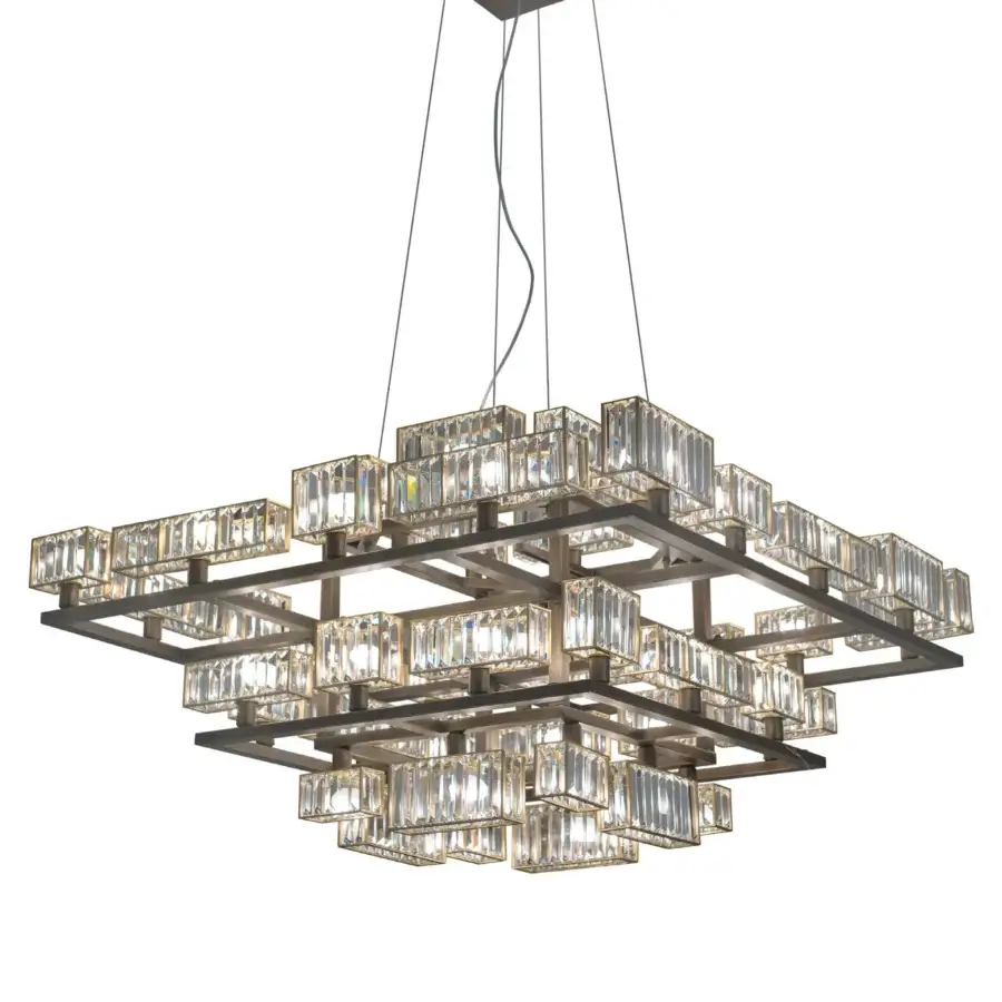 Elegant Patrizia Garganti Tur Concentric chandelier in warm brushed metallic metal with clear glass elements