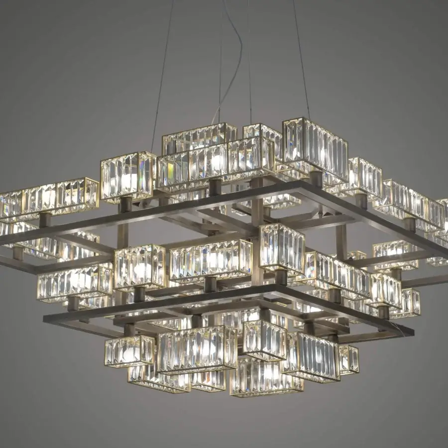 Distinguished Patrizia Garganti Tur Concentric chandelier crafted in muted gray-brown metal with clear crystal elements and a compact tiered arrangement