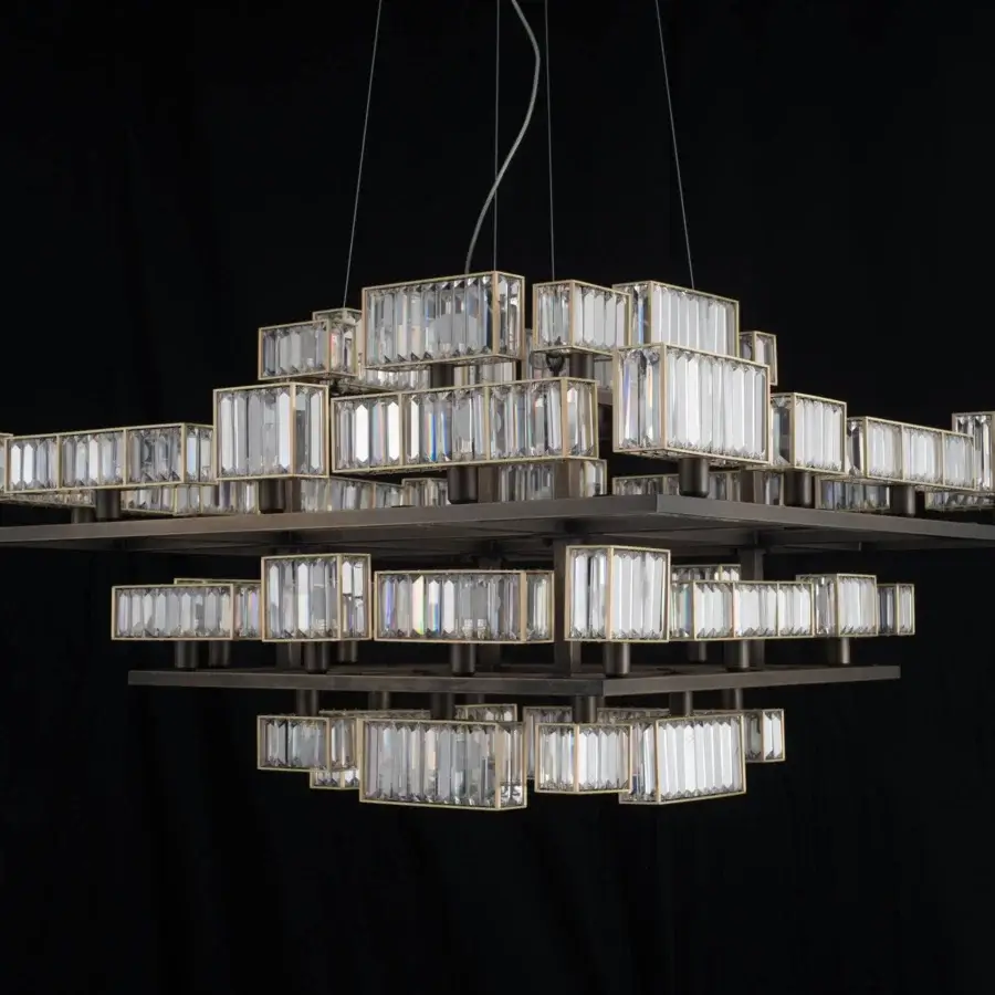 Exceptional Patrizia Garganti Tur Concentric chandelier crafted in darkened metal with rectangular crystal elements and layered composition