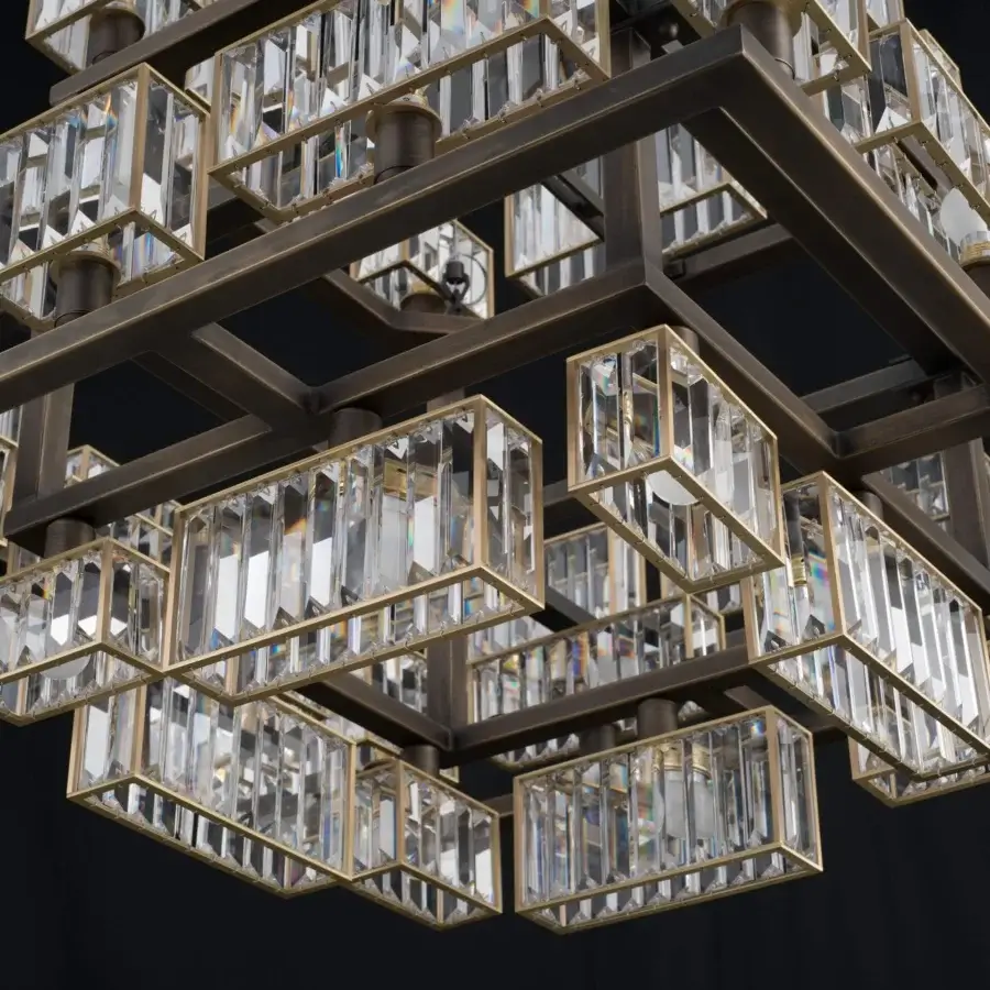 Superior Patrizia Garganti Tur Concentric chandelier crafted in metal with clear glass prisms and darkened brass finish