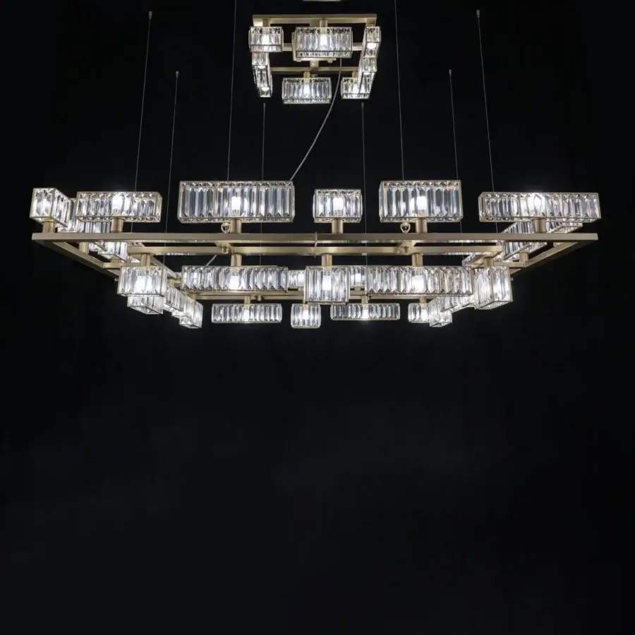 Distinguished Patrizia Garganti Tur Concentric chandelier with layered rectangular modules in polished gold-tone metal and clear glass