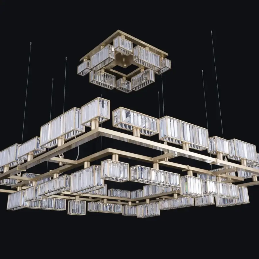 Exceptional Patrizia Garganti Tur Concentric chandelier with layered rectangular modules in warm gold-finished polished metal and clear glass