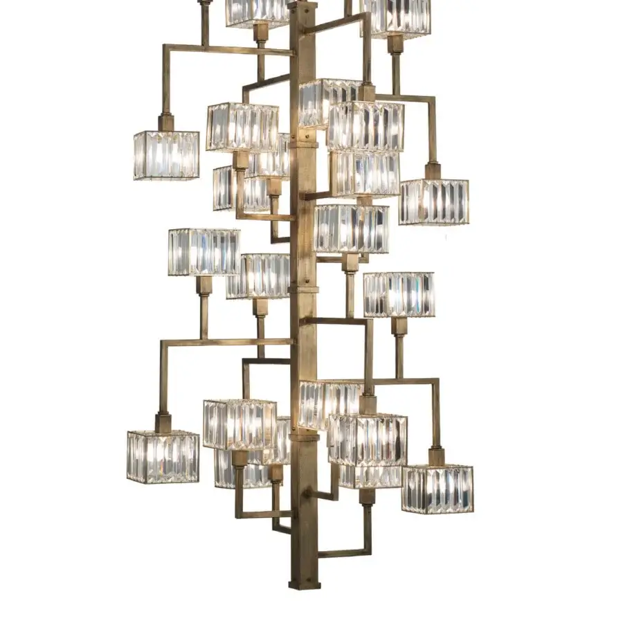 Architectural Patrizia Garganti Tur XL suspension lamp with brass metal structure and hand-assembled crystal modules offering diffused light