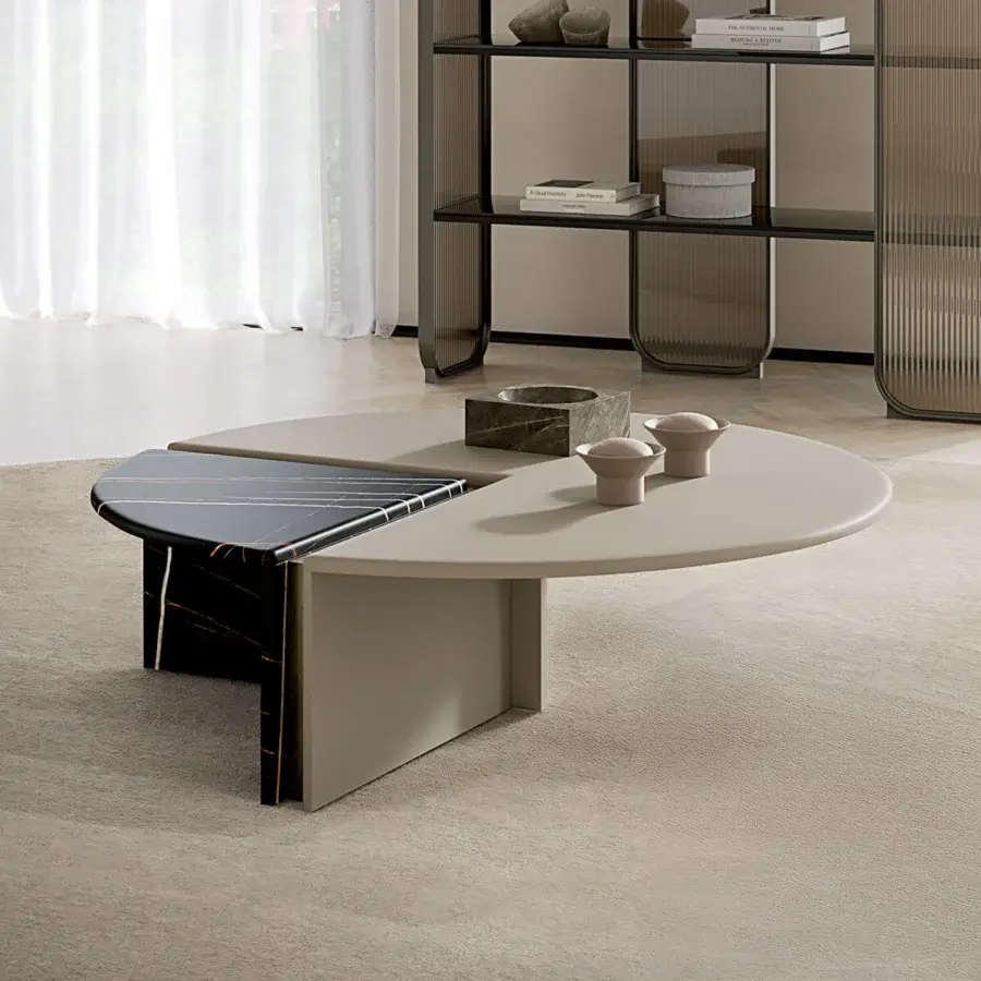 Distinctive Capital Helena coffee table with wedge-shaped marble insert and smooth lacquered light beige stone tabletop
