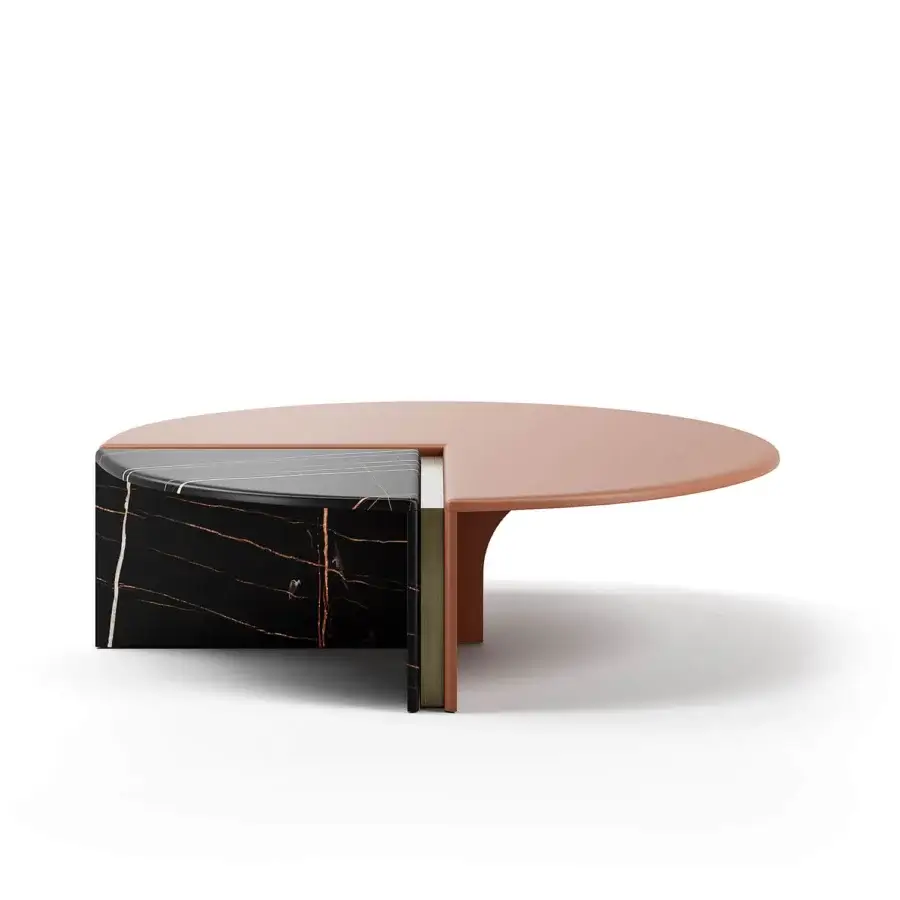 Exceptional Capital Helena coffee table with reddish-brown lacquered tabletop and wedge-shaped gold veined marble insert