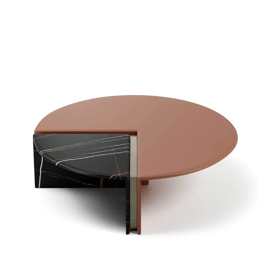 Distinguished Capital Helena coffee table with terracotta lacquered tabletop and contrasting marble insert built with matching wood