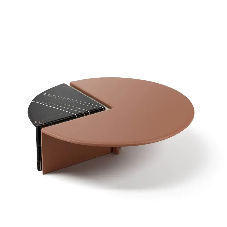 Elegant Capital Helena coffee table with reddish-brown lacquered surface and distinctive wedge-shaped marble insert