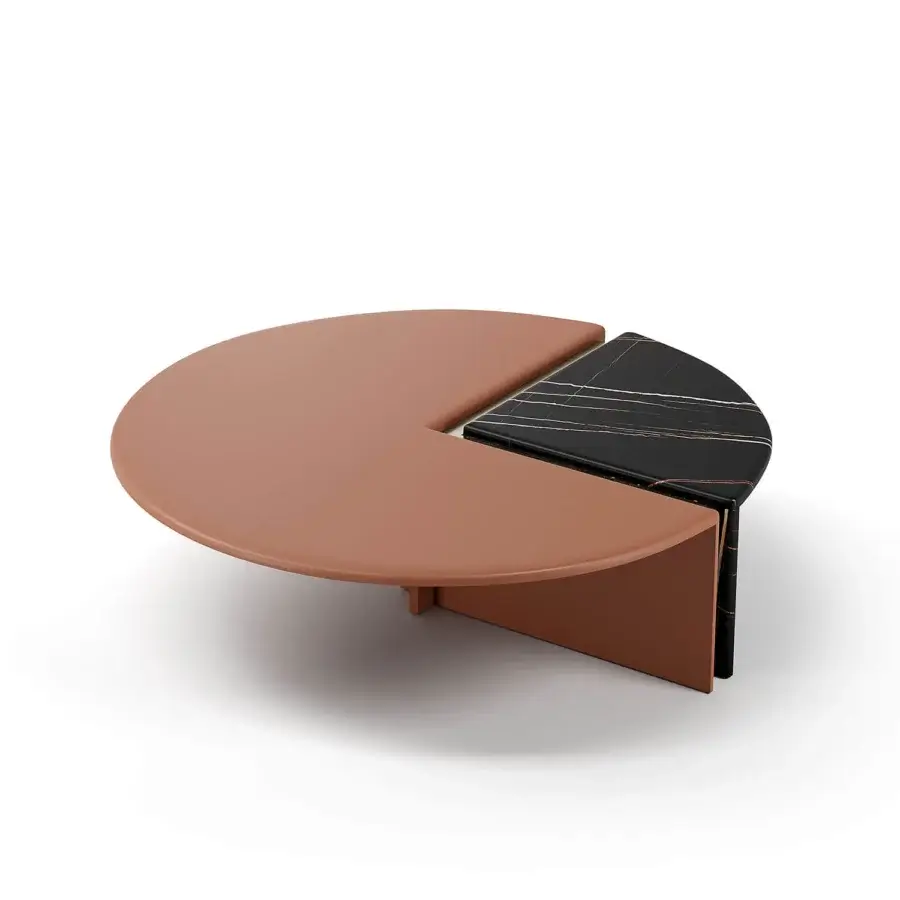 Distinguished Capital Helena coffee table with reddish-brown lacquered wood and a contrasting wedge-shaped marble insert