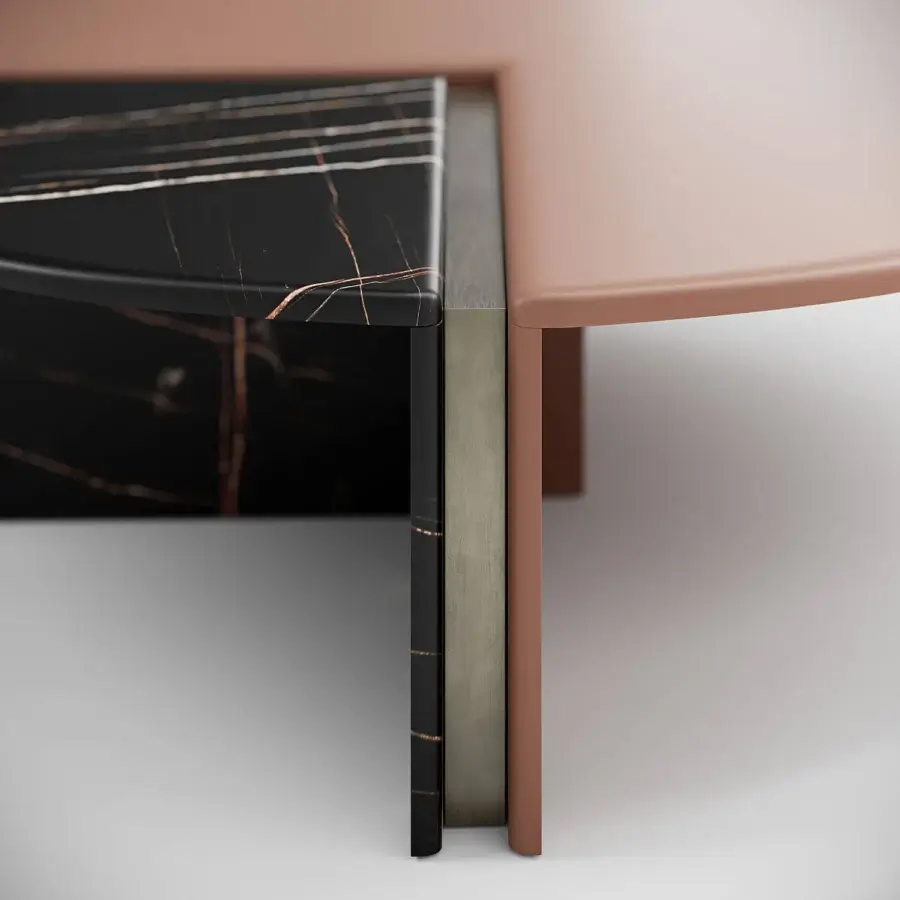Exceptional Capital Helena coffee table with a dark lacquered surface and a wedge-shaped marble insert accented with metallic details