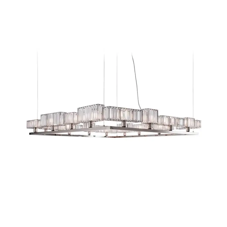 Architectural Patrizia Garganti Tur suspension lamp with crystal modules and satin-finish metal frame emitting warm amber-toned light