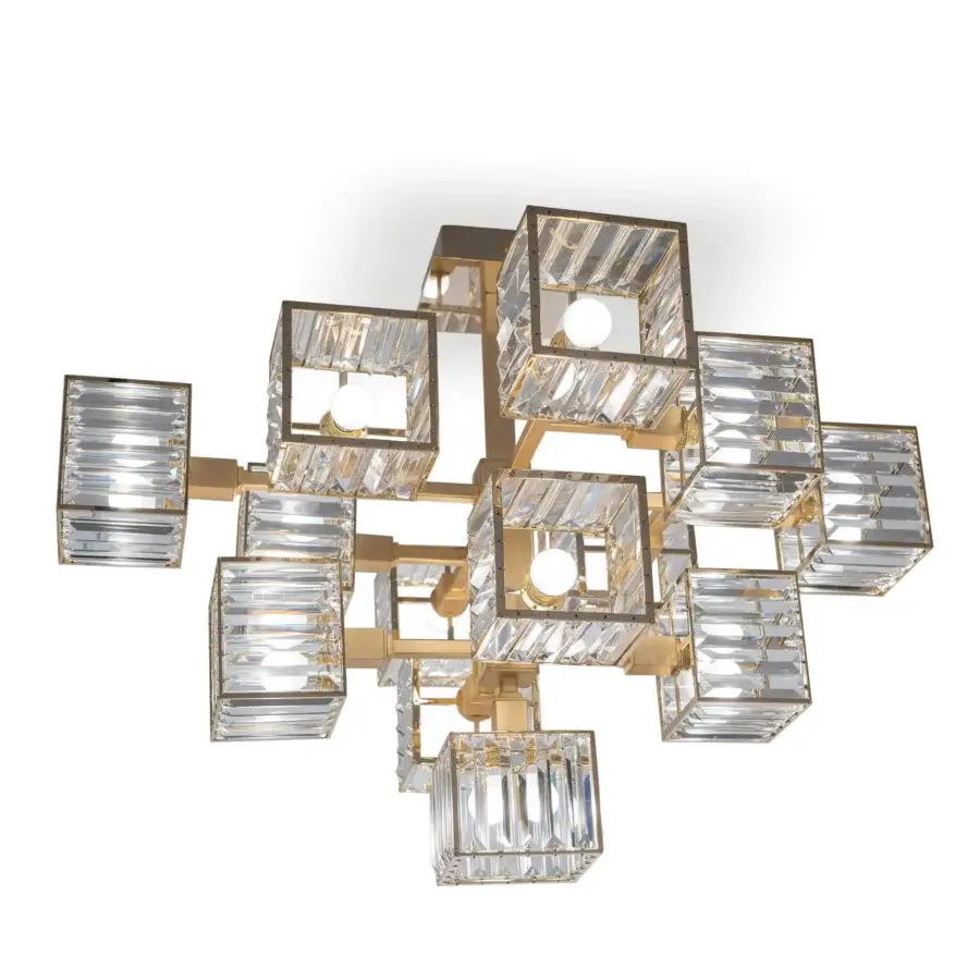 Exceptional Patrizia Garganti Tur ceiling lamp built with polished golden metal and hand-assembled crystal modules