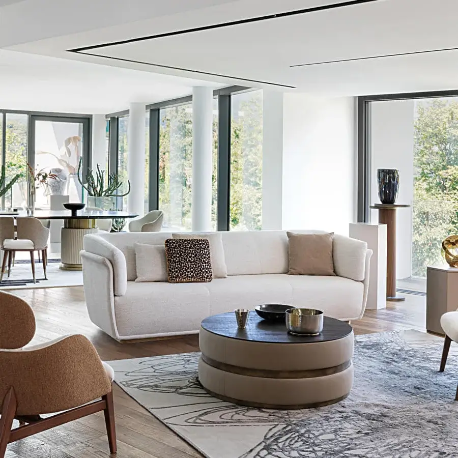 Superior Capital Cookie Coffee Table with dark-toned wood tabletop and beige fabric upholstery in a smooth matte finish