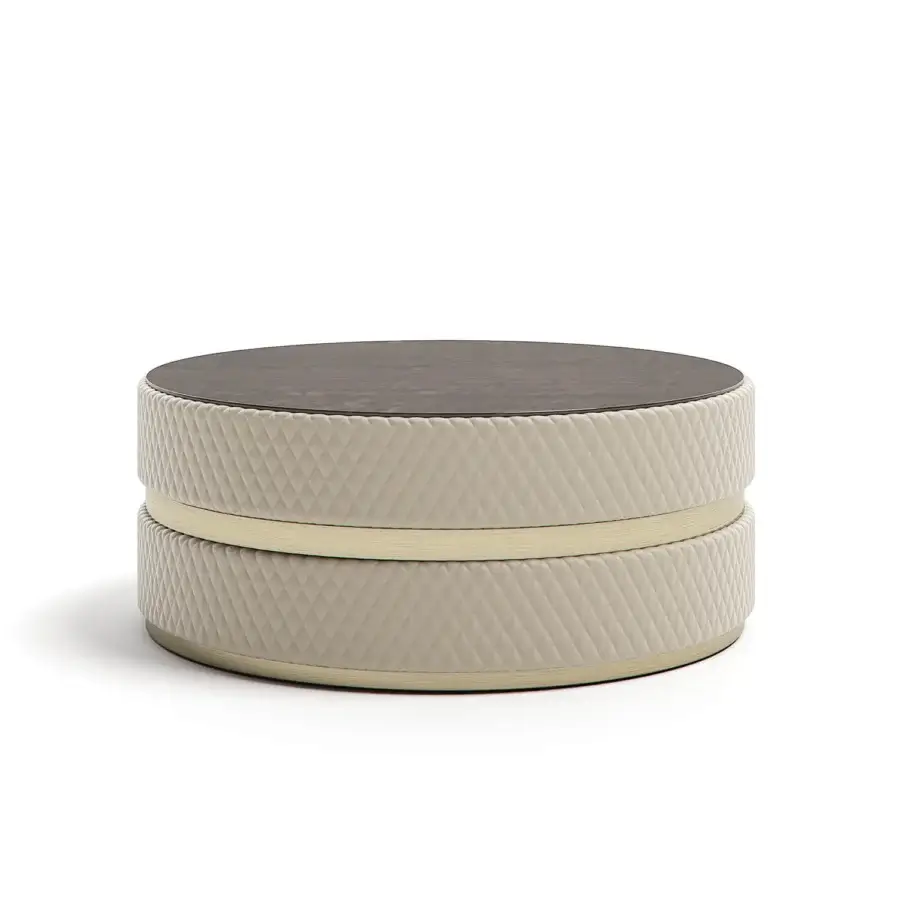 Exceptional Capital Cookie Coffee Table with beige quilted fabric upholstery, gold-tone metal and a matte wood tabletop
