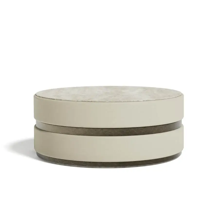Distinguished Capital Cookie Coffee Table with light beige fabric upholstery, customizable glossy marble tabletop and metal accent band