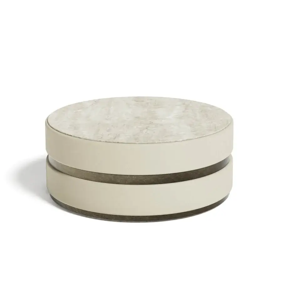 Exceptional Capital Cookie Coffee Table with mottled beige and gray marble top, light beige fabric upholstery and dark wood-like band