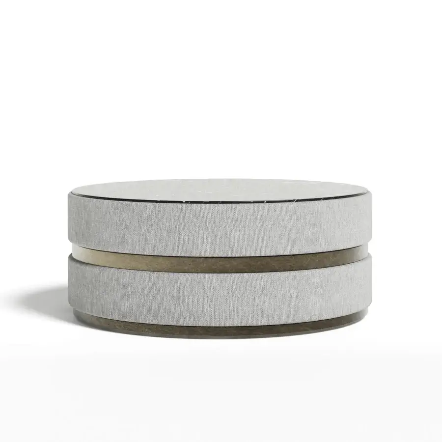 Distinguished Capital Cookie Coffee Table with muted gray fabric upholstery, golden-brown metal accent, and sleek glass surface