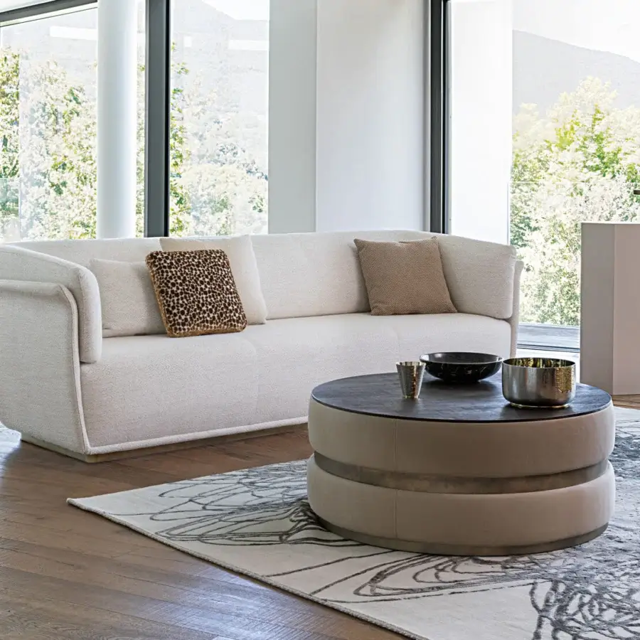 Distinctive Capital Cookie Coffee Table with matte wood tabletop and luxuriously upholstered neutral base crafted in Italian style