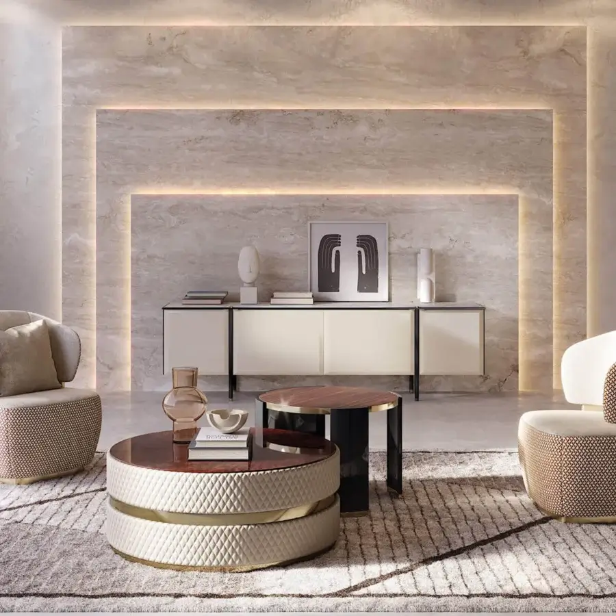 Exceptional Capital Cookie Coffee Table with glossy wood top encircled in light beige quilted textile and textured black base with gold trim