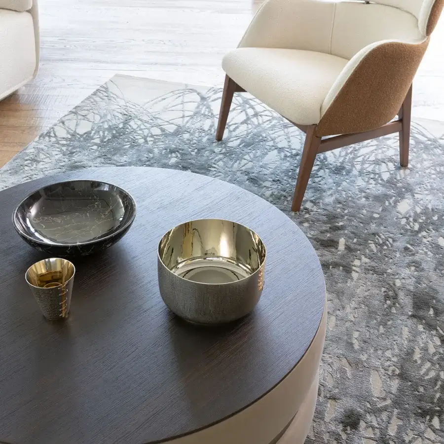 Superior Capital Cookie Coffee Table with dark brown wood tabletop and luxuriously upholstered cylindrical form