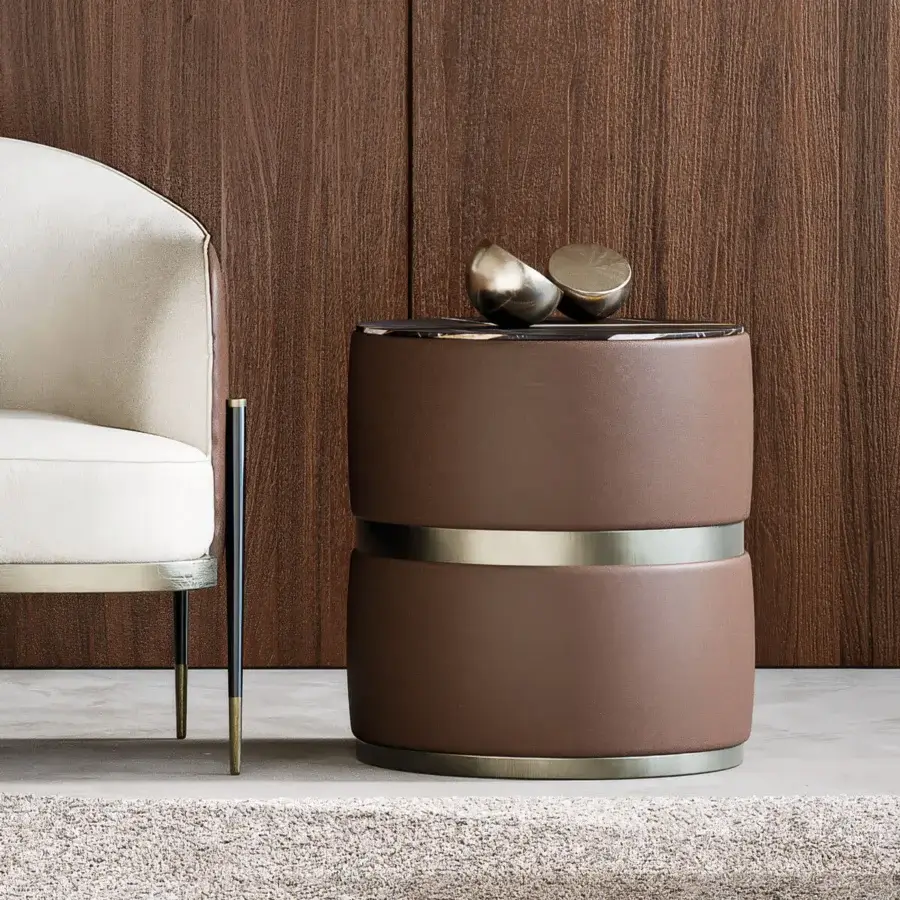 Exceptional Capital Cookie side table with warm brown leather upholstery and glossy marble tabletop