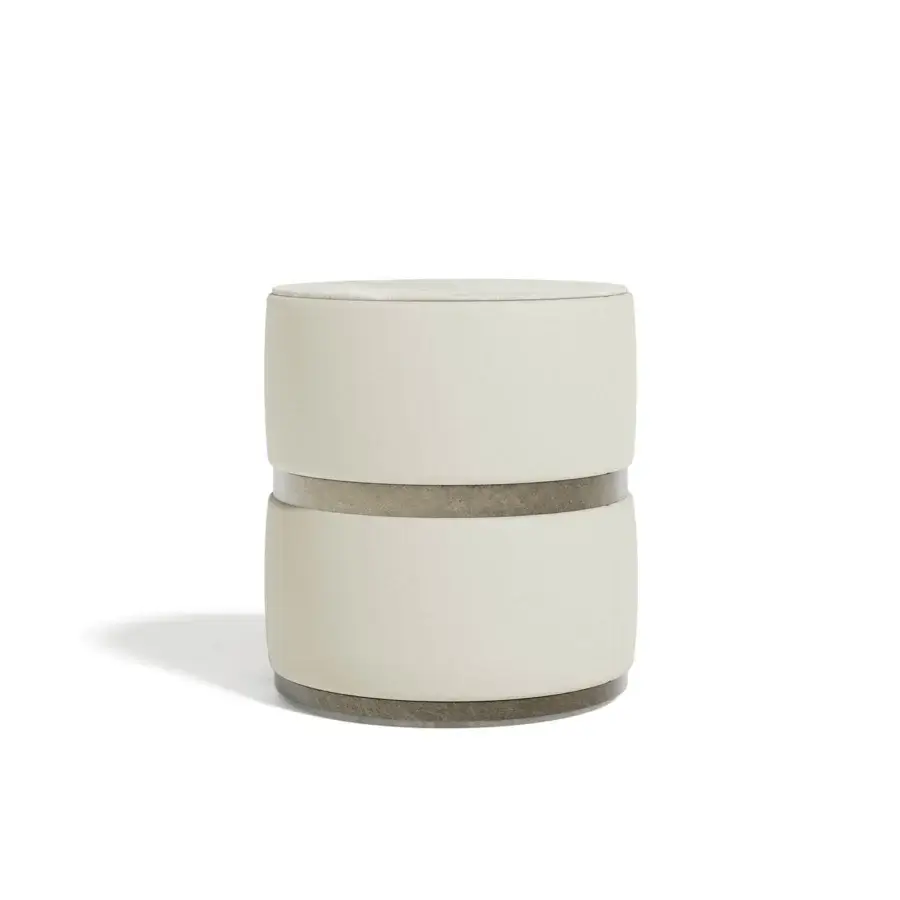 Superior Capital Cookie side table with cylindrical form, pale fabric upholstery and dark wood encircling band