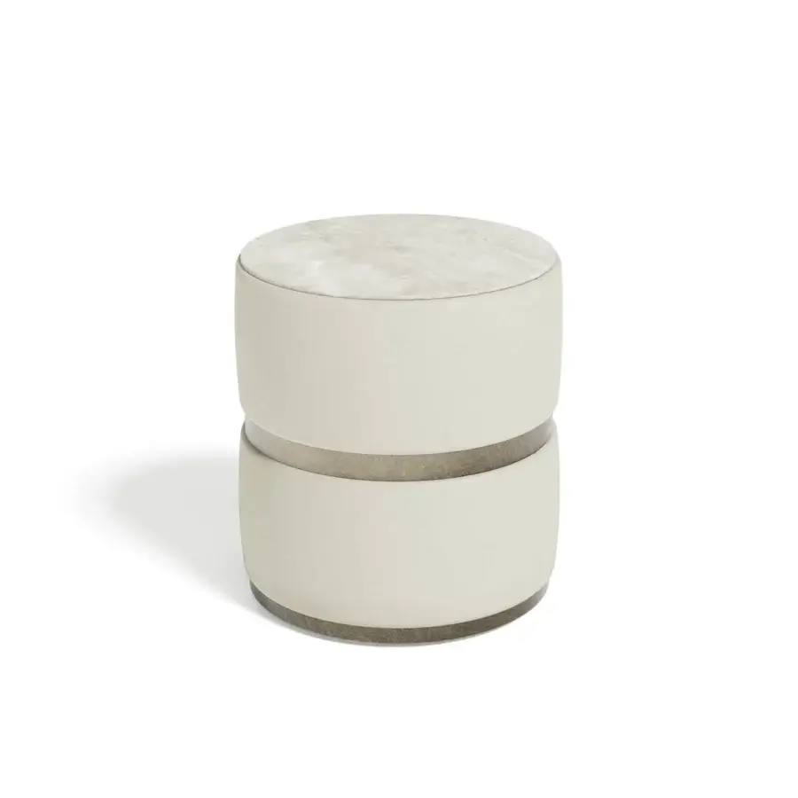 Distinguished Capital Cookie side table with cylindrical form, light neutral fabric and grey beige marble band