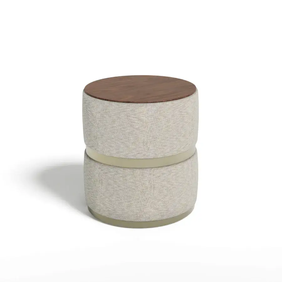 Exceptional Capital Cookie side table with cylindrical base wrapped in beige fabric and glossy dark brown wooden top