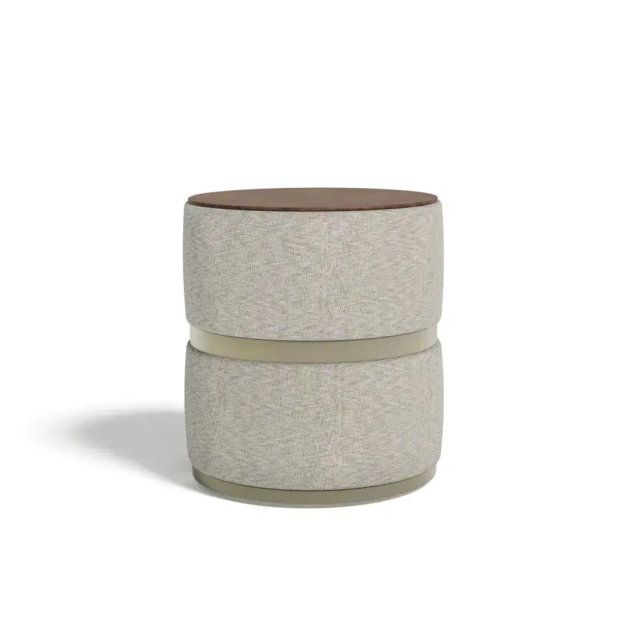Captivating Capital Cookie side table with cylindrical form wrapped in beige and tan textured fabric with satin-finish metal and brown wood top