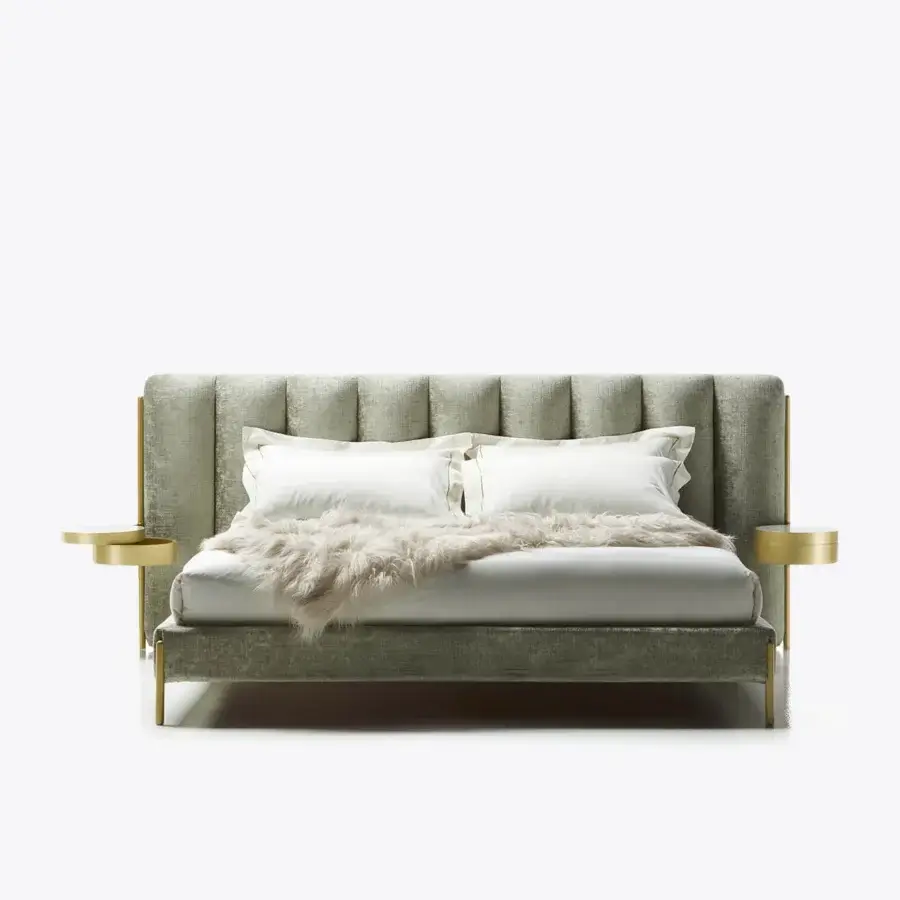 Lavish Black Tie Ibisco bed crafted in poplar wood with muted olive green textile and back-lacquered glass side tables with golden metal legs