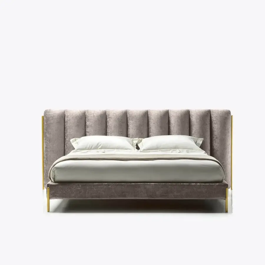 Distinguished Black Tie Ibisco bed with sculpted headboard crafted from poplar wood and muted gray-taupe textile with matte finish