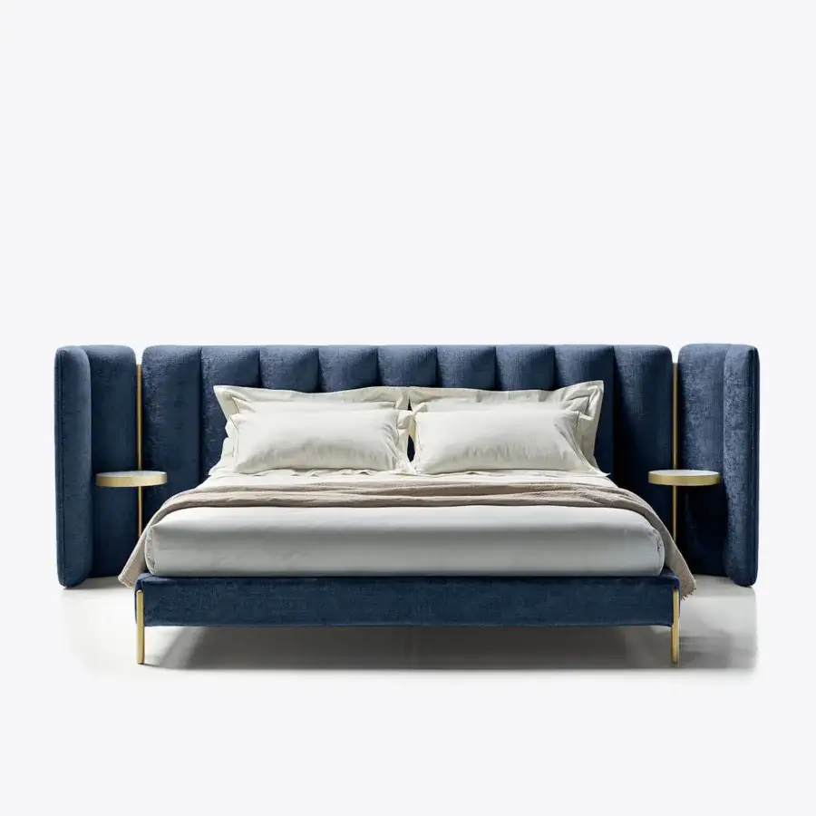 Superior Black Tie Ibisco bed with sculpted headboard crafted from poplar wood and navy blue textile upholstery with brass accents