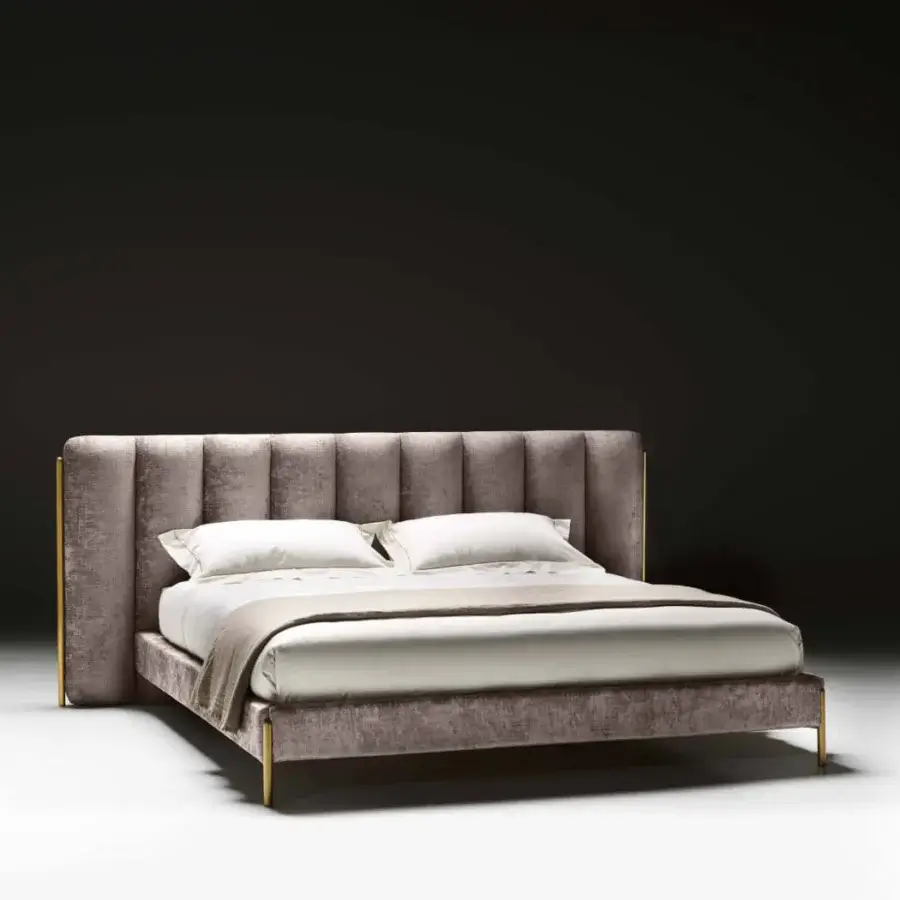 Elegant Black Tie Ibisco bed with padded headboard crafted from poplar wood and mauve textile upholstery with metal accents