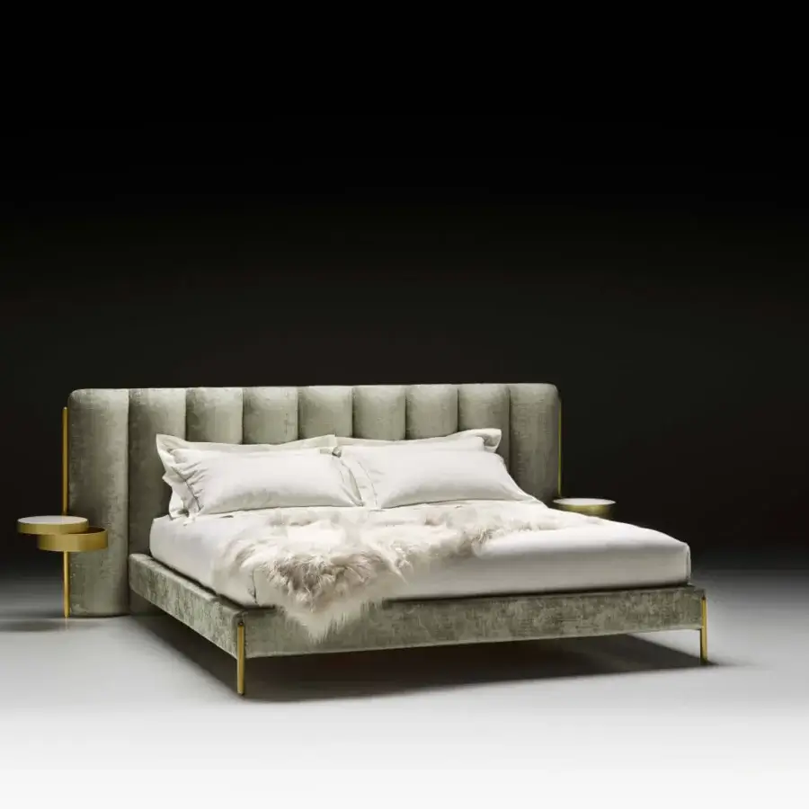 Lavish Black Tie Ibisco bed with sculpted headboard crafted from poplar wood and muted grayish-green textile with matte finish
