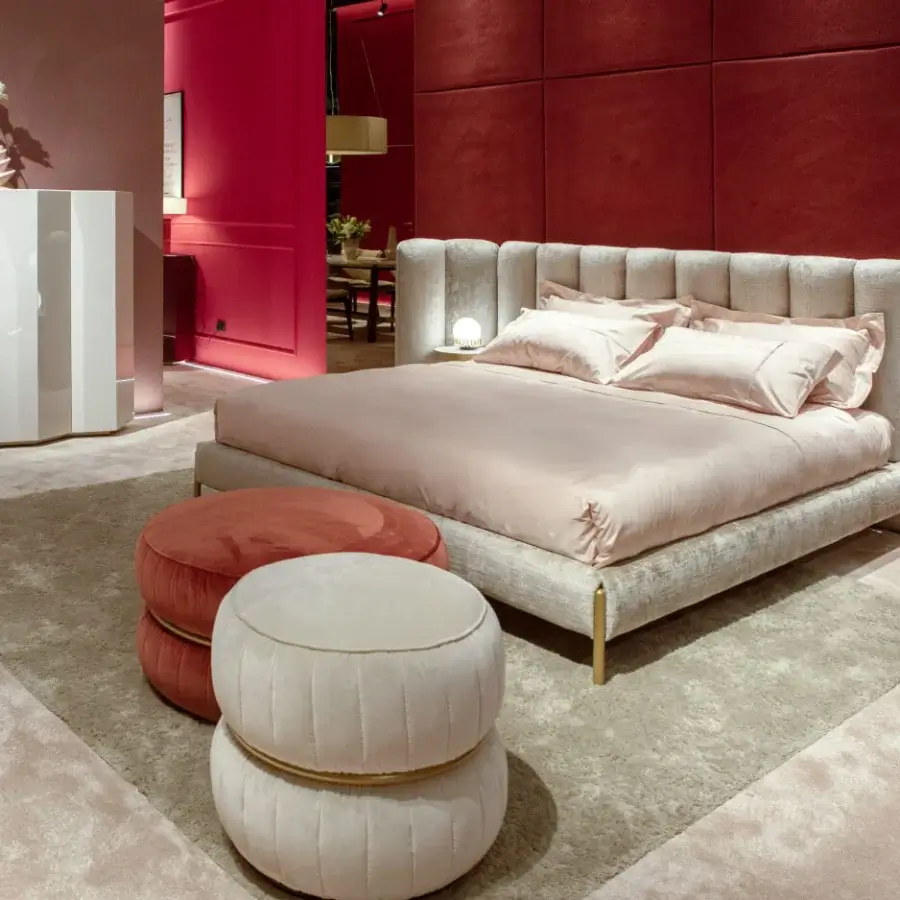 Superior Black Tie Ibisco bed crafted from poplar wood with muted gray textile upholstery and gold-toned metal detailing