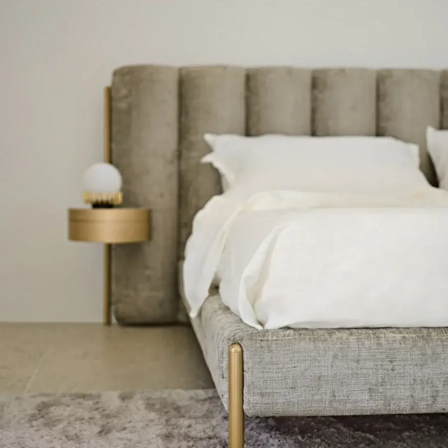 Superior Black Tie Ibisco bed with padded headboard crafted from poplar wood and muted gray textile, featuring polished golden metal legs