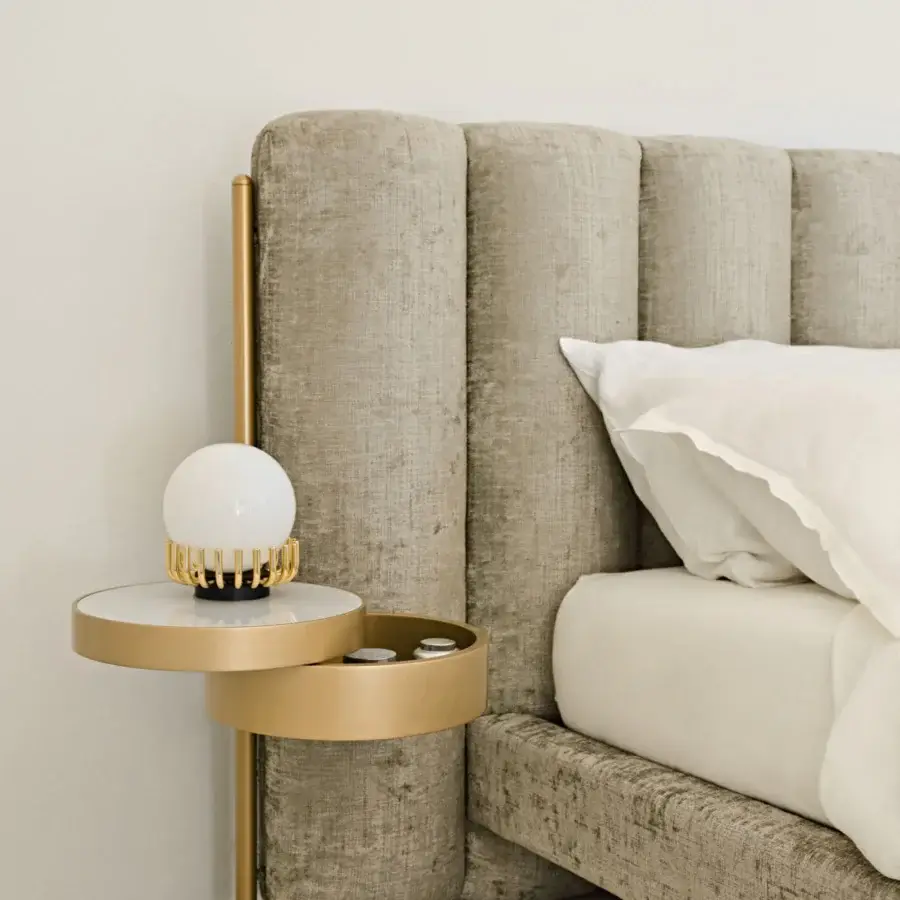Exceptional Black Tie Ibisco bed with sculpted headboard crafted from poplar wood and neutral beige textile with matte finish