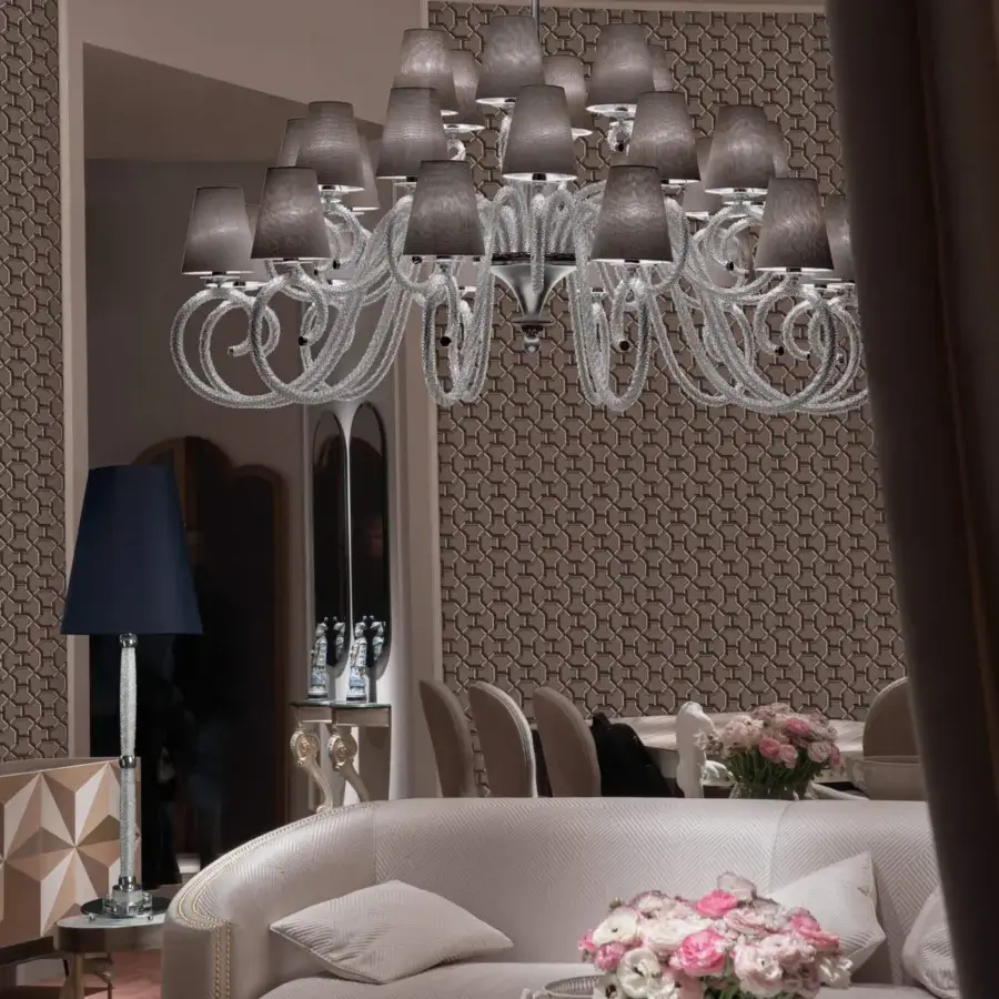 Lavish Patrizia Garganti 1180 chandelier with crystal web and silver-toned metal frame offering cascading grey cylindrical shades
