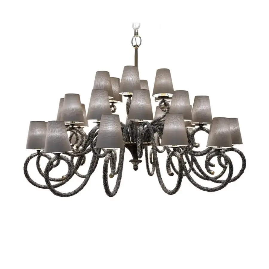 Exceptional Patrizia Garganti 1180 chandelier crafted in dark textured metal with muted gray textile shades and sweeping curves