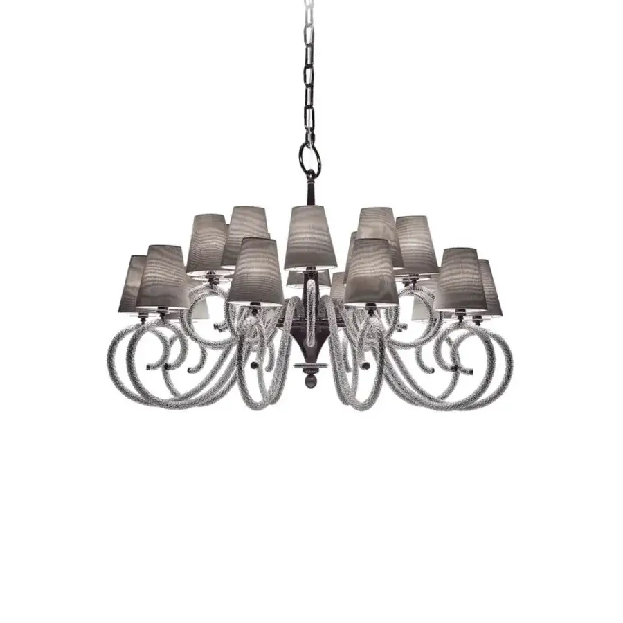 Exceptional Patrizia Garganti 1180 chandelier crafted in darkened metal with a cascade of crystal accents and conical shades